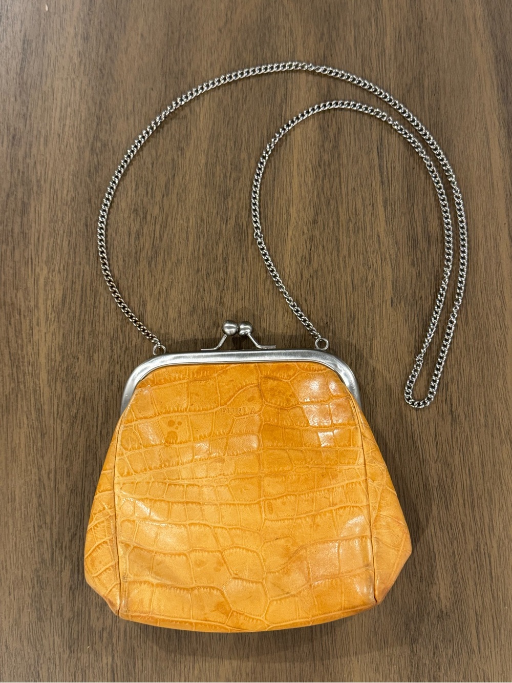 FURLA | Vintage Tan Croc-Embossed Leather Frame Bag Kiss Lock Chain Crossbody